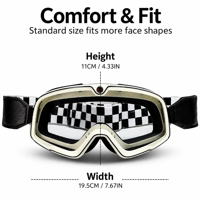 Goggles with a black and white checkered pattern on the inner lens, shown with text indicating height 11CM (4.33IN) and width 19.