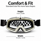 Goggles with a black and white checkered pattern on the inner lens, shown with text indicating height 11CM (4.33IN) and width 19.