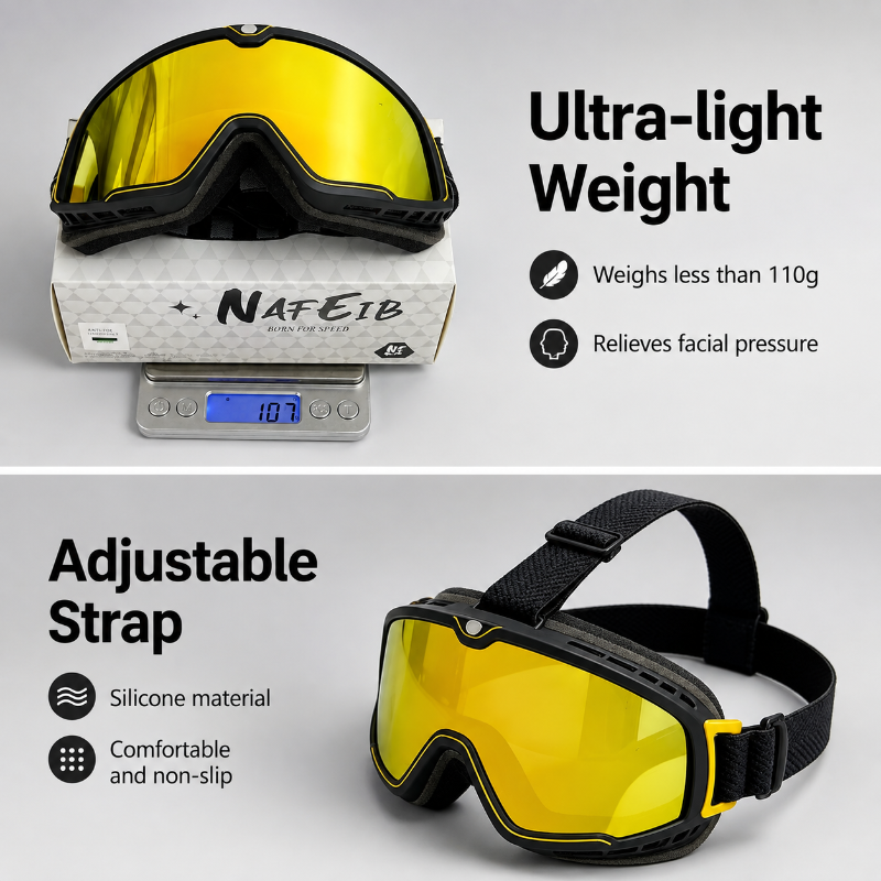 A pair of sports goggles with a yellow mirrored lens and black frame, shown in a two-panel product graphic. The top panel shows the goggles resting on their white branded box, with text highlighting ultra-light weight.