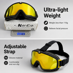 A pair of sports goggles with a yellow mirrored lens and black frame, shown in a two-panel product graphic. The top panel shows the goggles resting on their white branded box, with text highlighting ultra-light weight.