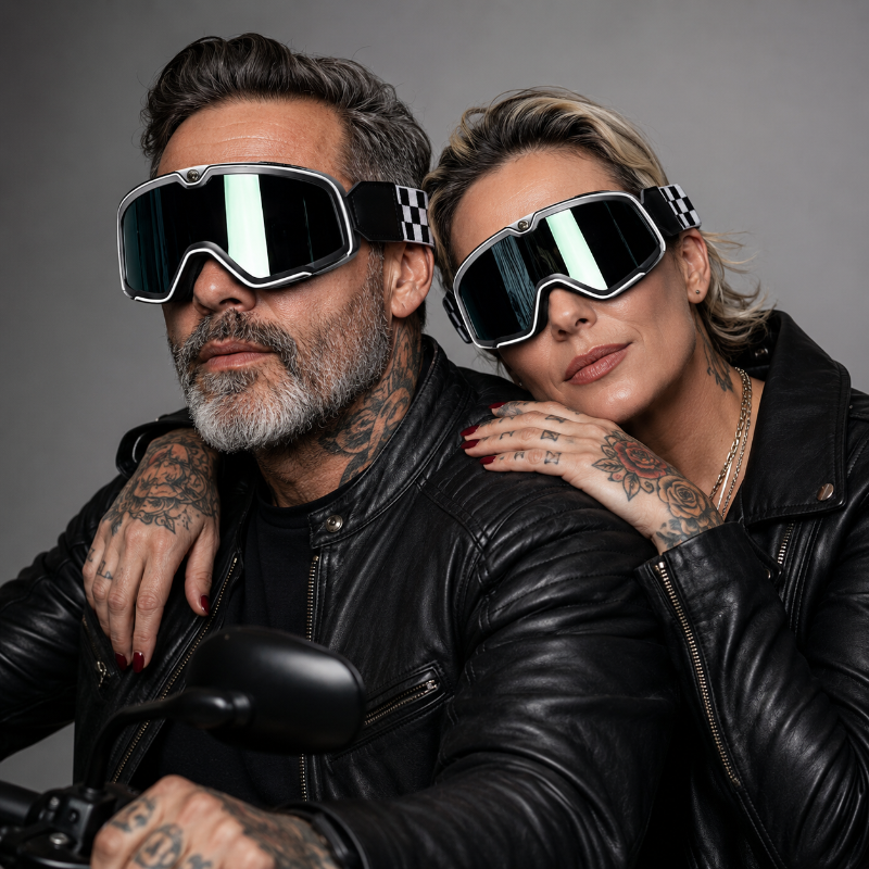 A man and a woman wearing oversized black and silver motocross-style goggles with mirrored lenses, posed together in black leather jackets against a neutral gray studio background.