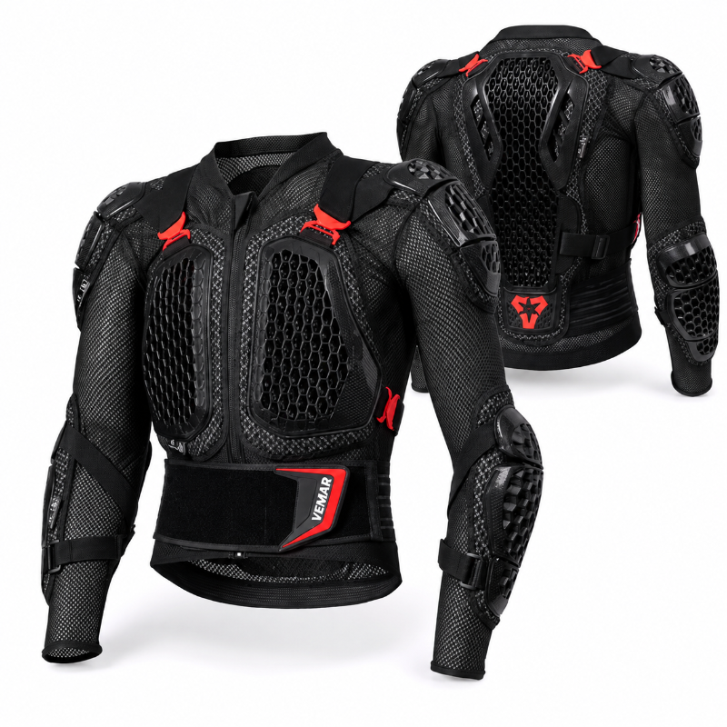 Black motorcycle armor jacket with red accents, shown from both front and back views on a white background.