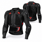 Black motorcycle armor jacket with red accents, shown from both front and back views on a white background.