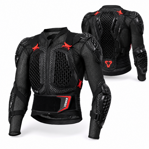 Black motorcycle armor jacket with red accents, shown from both front and back views on a white background.