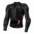 Black motorcycle armor jacket with red accents and protective padding, shown on a white background.