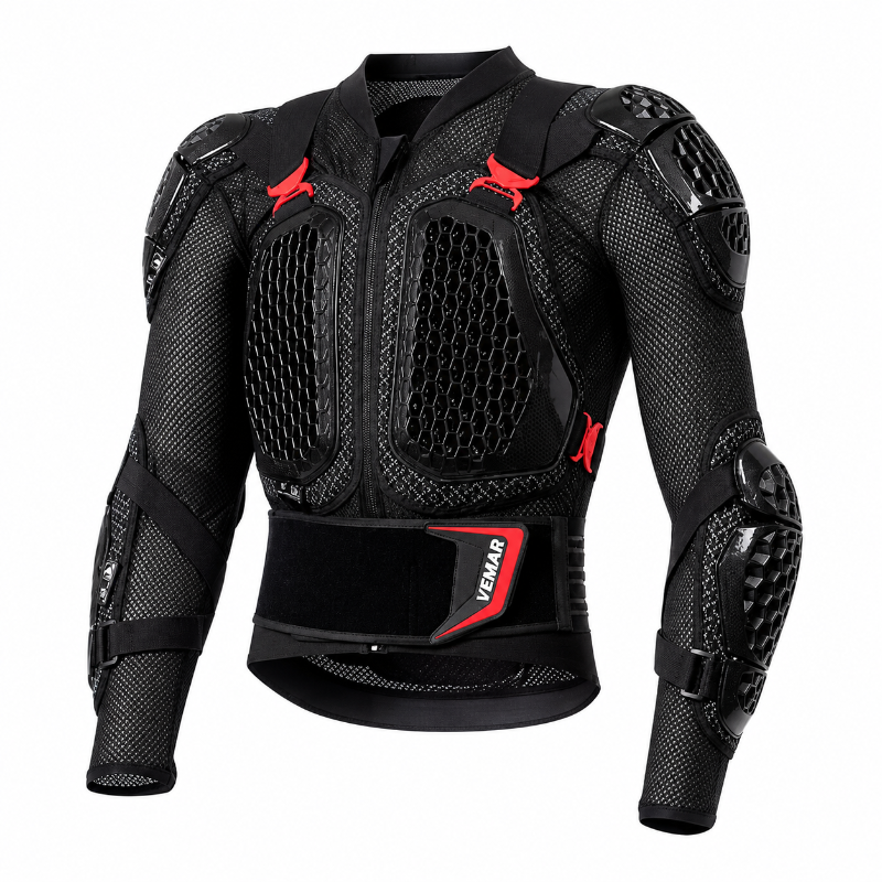 Black motorcycle armor jacket with red accents and protective padding, shown on a white background.