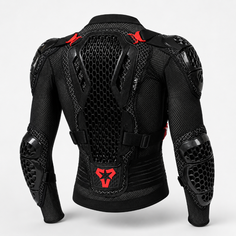 Black protective motorcycle jacket with red accents, featuring a honeycomb mesh back panel, shoulder armor, and elbow guards, shown from the back on a light gray background.