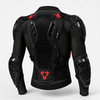 Black protective motorcycle jacket with red accents, featuring a honeycomb mesh back panel, shoulder armor, and elbow guards, shown from the back on a light gray background.