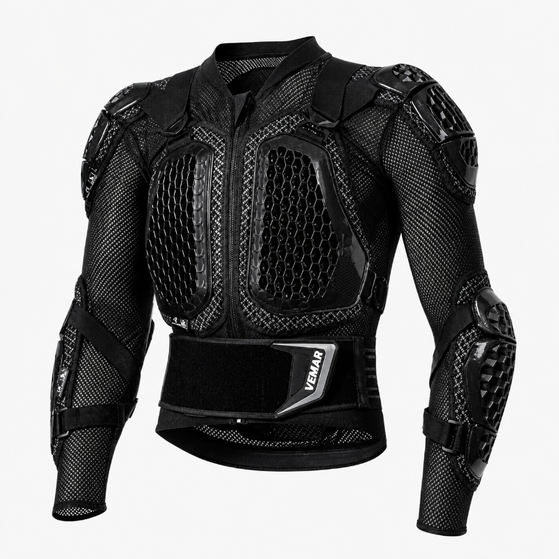 Black long-sleeve motorcycle armor vest with protective padding and a hook-and-loop closure, shown on a light gray background.