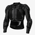Black long-sleeve motorcycle armor vest with protective padding and a hook-and-loop closure, shown on a light gray background.