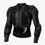 Black long-sleeve motorcycle armor vest with protective padding and a hook-and-loop closure, shown on a light gray background.