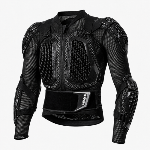 Black long-sleeve motorcycle armor vest with protective padding and a hook-and-loop closure, shown on a light gray background.