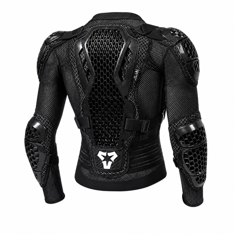 Black protective sports jersey with integrated mesh panels and hard armor padding on the back, shoulders, elbows, and wrists, featuring a white stylized logo on the lower back, shown against a plain white background.