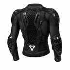 Black protective sports jersey with integrated mesh panels and hard armor padding on the back, shoulders, elbows, and wrists, featuring a white stylized logo on the lower back, shown against a plain white background.