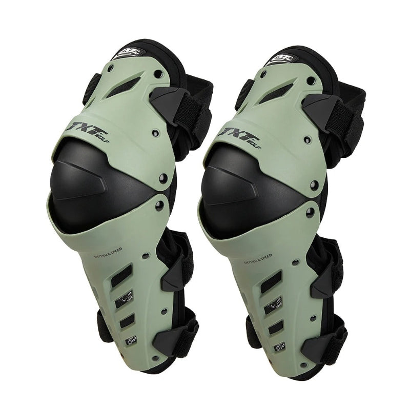 Pair of green and black knee pads on a white background