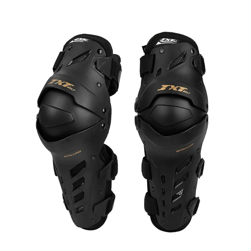 Pair of black knee guards with 'FXF' branding on a white background