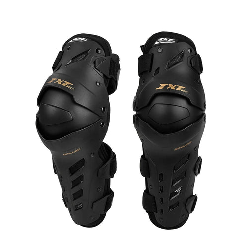 Pair of black knee guards with 'FXF' branding on a white background