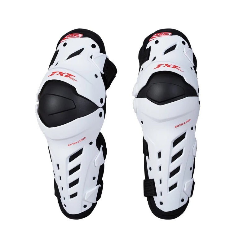 Pair of white and black protective knee pads with visible branding on a white background