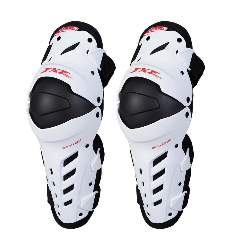 Pair of white and black knee guards with red branding on a white background