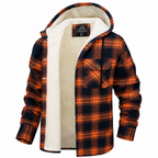 A men's hooded flannel shirt jacket with a vibrant orange and black plaid pattern, featuring a thick, warm cream sherpa lining inside the hood and body. The jacket is displayed open on a clean white background.