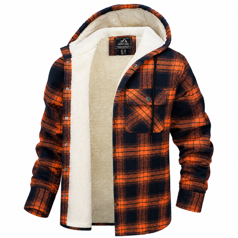 A men's hooded flannel shirt jacket with a vibrant orange and black plaid pattern, featuring a thick, warm cream sherpa lining inside the hood and body. The jacket is displayed open on a clean white background.