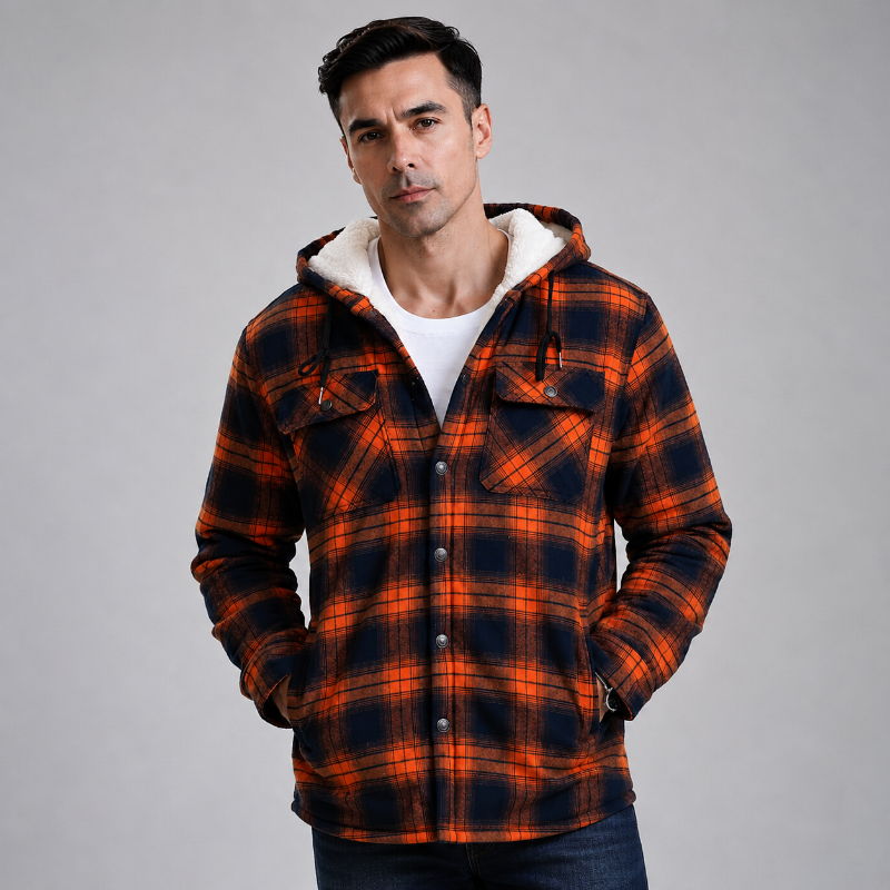A man wearing a hooded orange and navy plaid flannel jacket with a white sherpa lining, over a white t-shirt and dark jeans, photographed against a neutral gray studio background.