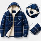 Blue plaid hooded flannel jacket with a cream sherpa lining, shown on a light gray background with two circular detail insets highlighting the hood lining and cuff construction.