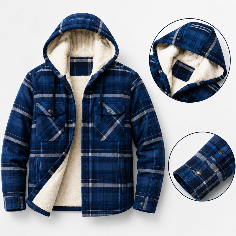 Blue plaid hooded flannel jacket with a cream sherpa lining, shown on a light gray background with two circular detail insets highlighting the hood lining and cuff construction.