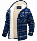 A men's blue plaid hooded flannel shirt jacket with a thick cream sherpa lining, featuring a chest pocket and drawstring hood, shown on a plain white background.