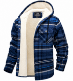 A men's blue plaid hooded flannel shirt jacket with a thick cream sherpa lining, featuring a chest pocket and drawstring hood, shown on a plain white background.