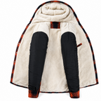 A hooded fleece jacket with a cream sherpa lining, black quilted sleeves, and a red, black, and orange plaid trim.
