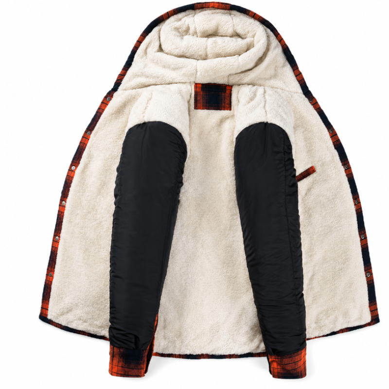 A hooded fleece jacket with a cream sherpa lining, black quilted sleeves, and a red, black, and orange plaid trim.