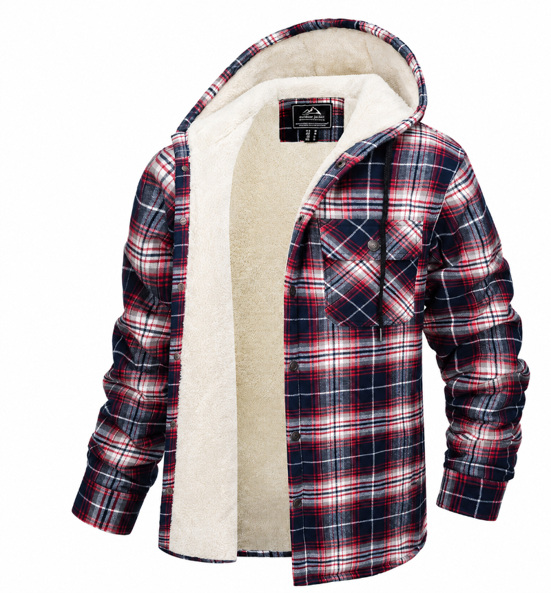 A hooded flannel shirt jacket with a red, navy, and white plaid pattern on the exterior and a thick cream sherpa lining on the inside.