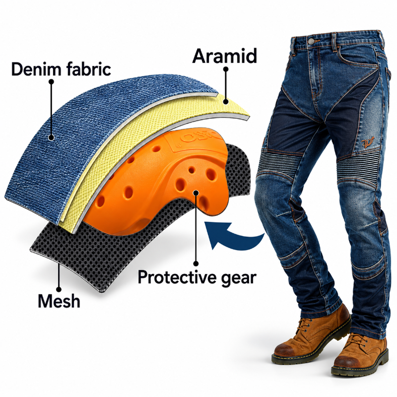 A pair of blue denim protective jeans shown next to a labeled cross-section diagram of their inner protection layers, including denim fabric, aramid, mesh, and a bright orange protective gear insert.
