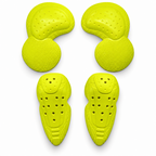 Four bright yellow protective sports pads arranged in a 2x2 grid on a clean white background. The set includes two elbow pads at the top and two shin guards at the bottom, each with textured surfaces and ventilation holes.