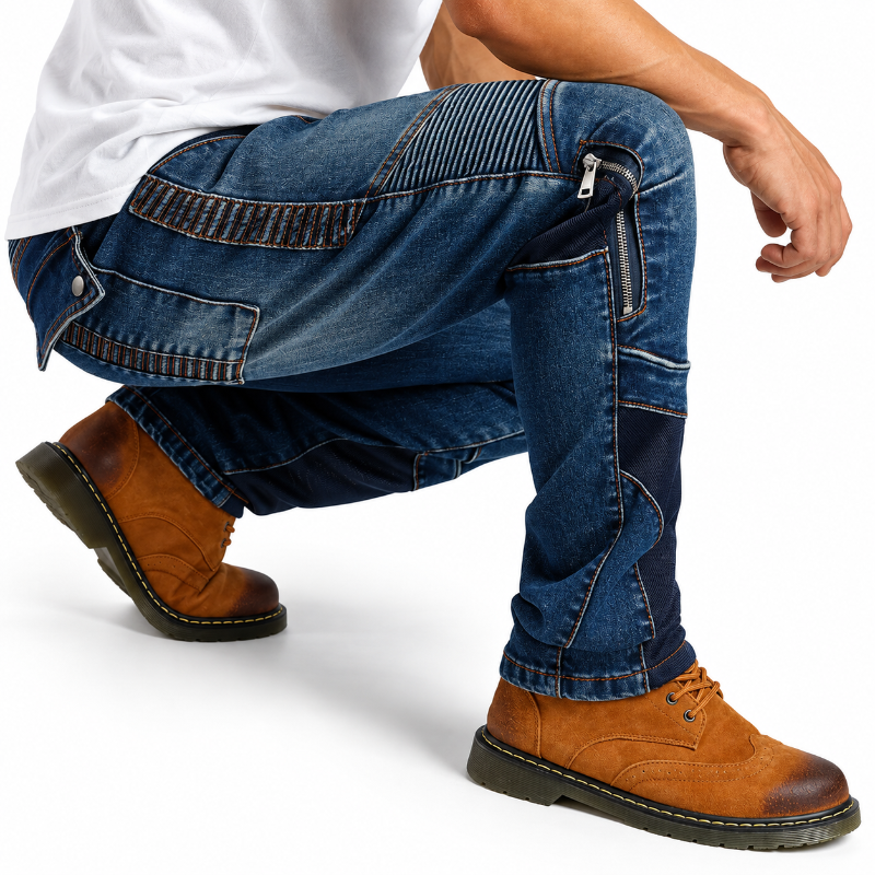 A man wearing blue denim work pants with distinctive ribbed knee patches, contrast stitching, and zippered pockets, paired with brown suede work boots and a white t-shirt, shown in a crouching pose against a white studio background.
