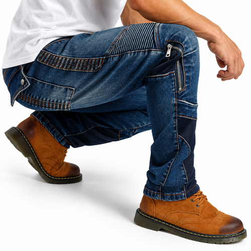 A man wearing blue denim work pants with distinctive ribbed knee patches, contrast stitching, and zippered pockets, paired with brown suede work boots and a white t-shirt, shown in a crouching pose against a white studio background.