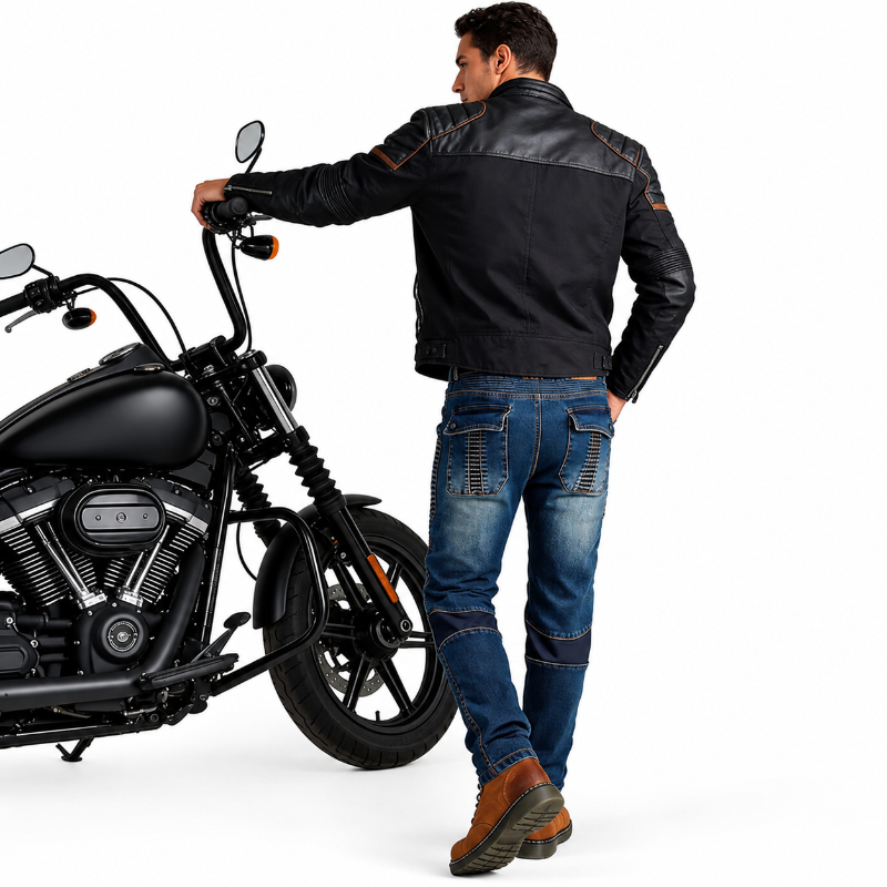 A man wearing a black leather motorcycle jacket, blue jeans, and brown boots stands next to a black cruiser motorcycle on a white studio background.