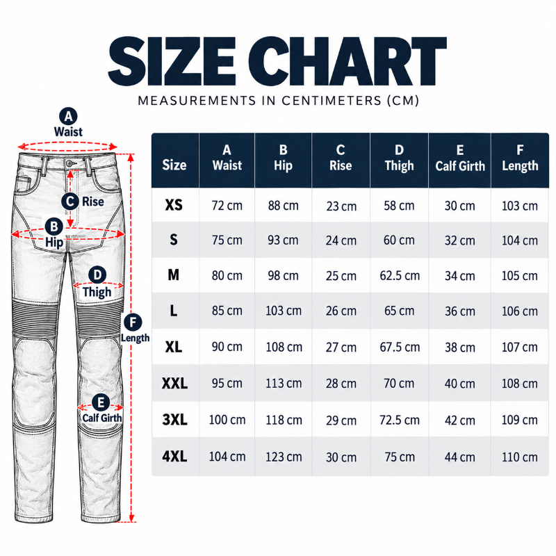 A size chart diagram for pants showing labeled body measurement points A through F on a side-view pant illustration, with a corresponding measurement table listing sizes XS through 4XL and centimeter measurements.