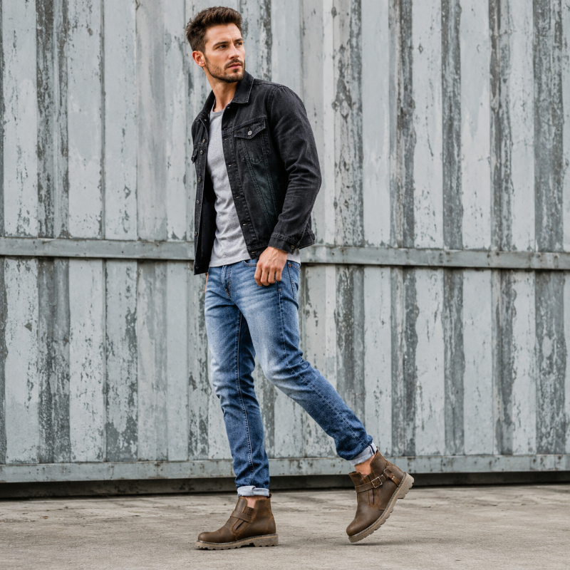 A man wearing a black denim jacket, light gray t-shirt, blue jeans, and brown boots, standing in front of a weathered gray corrugated metal wall.