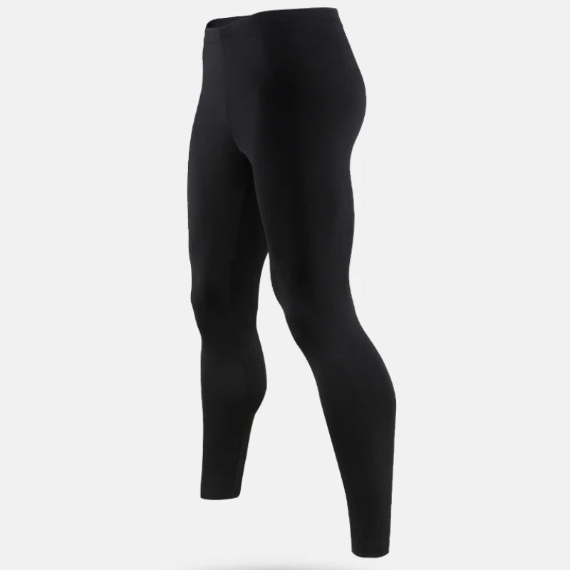 Black high-waisted compression leggings shown on a ghost mannequin against a light gray background