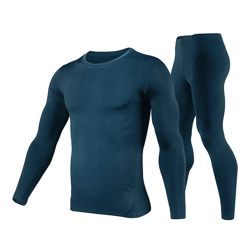 Men's blue long-sleeve shirt and leggings set on a white background with 'MEN' text.
