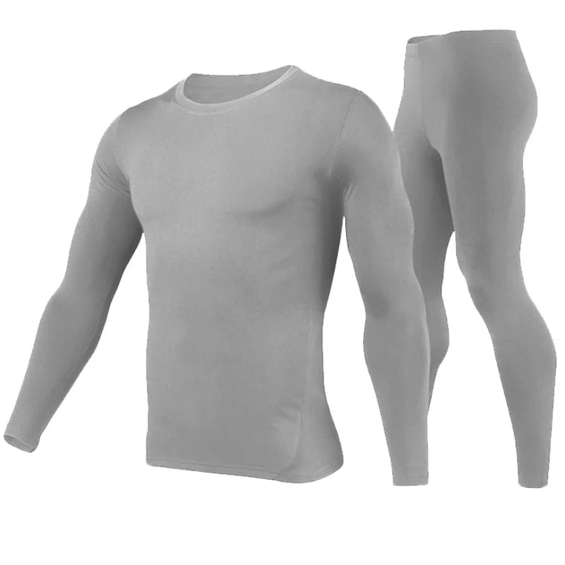 Gray men's long-sleeve shirt and pants set on a white background with 'MEN' label.