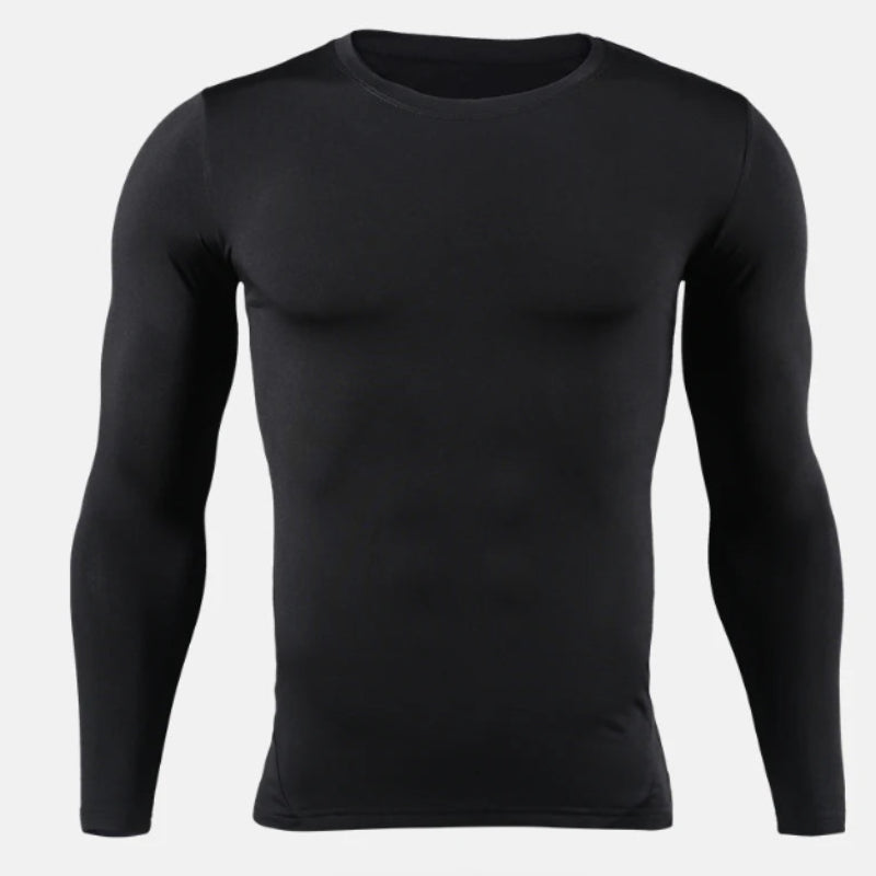 A black long-sleeve crewneck athletic shirt displayed on a headless mannequin torso against a light gray background