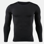 A black long-sleeve crewneck athletic shirt displayed on a headless mannequin torso against a light gray background