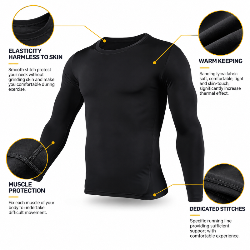 Black long-sleeve compression shirt shown on a white background with callout circles and text describing features: elasticity harmless to skin, warm keeping, muscle protection, and dedicated stitches.
