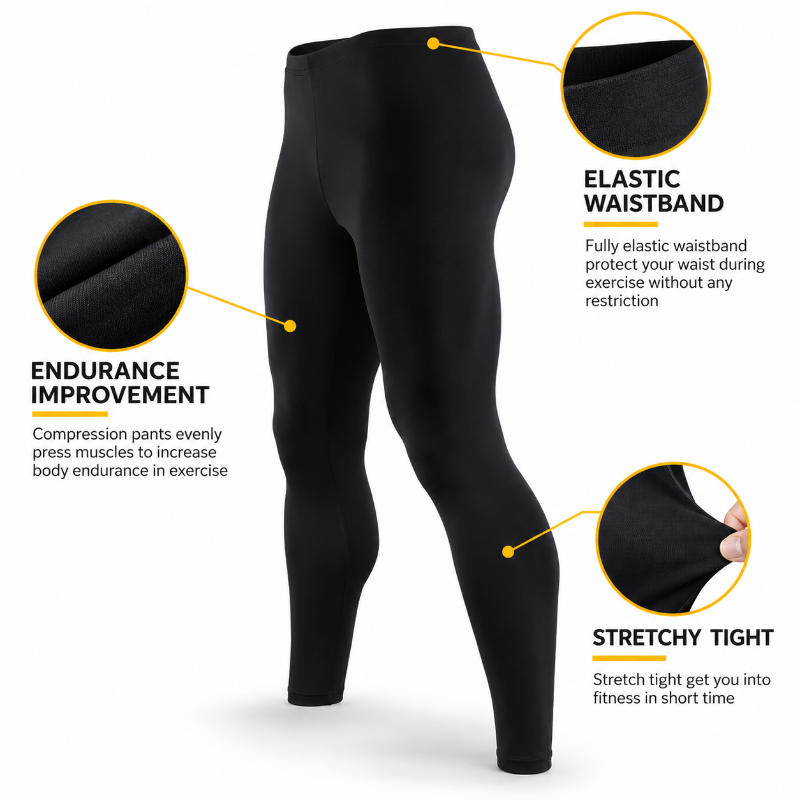 Black compression leggings shown on a white background with three callout circles and text labels highlighting features: elastic waistband, endurance improvement, and stretchy tight.