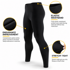 Black compression leggings shown on a white background with three callout circles and text labels highlighting features: elastic waistband, endurance improvement, and stretchy tight.