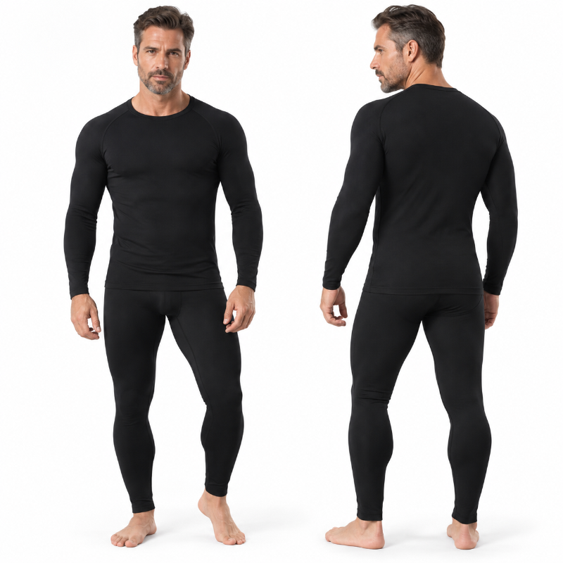 A man modeling a black long-sleeve compression shirt and matching black full-length compression pants, shown from both front and back views against a plain white background.