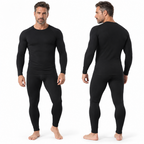 A man modeling a black long-sleeve compression shirt and matching black full-length compression pants, shown from both front and back views against a plain white background.